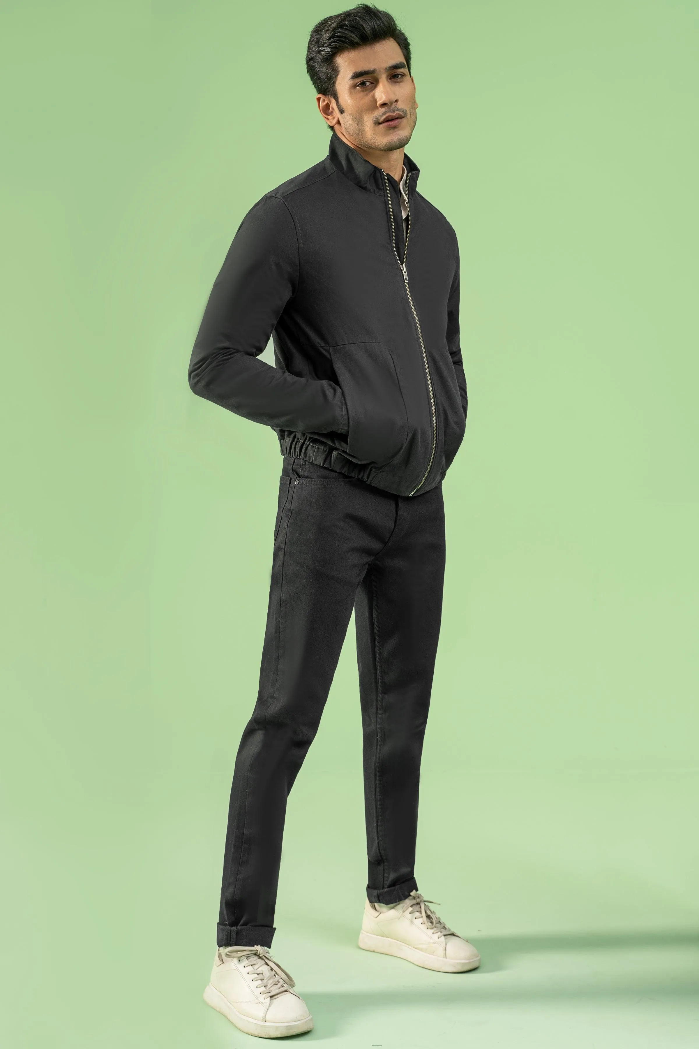 FULL SLEEVE BOTTOM ELASTICATED COTTON JACKET BLACK