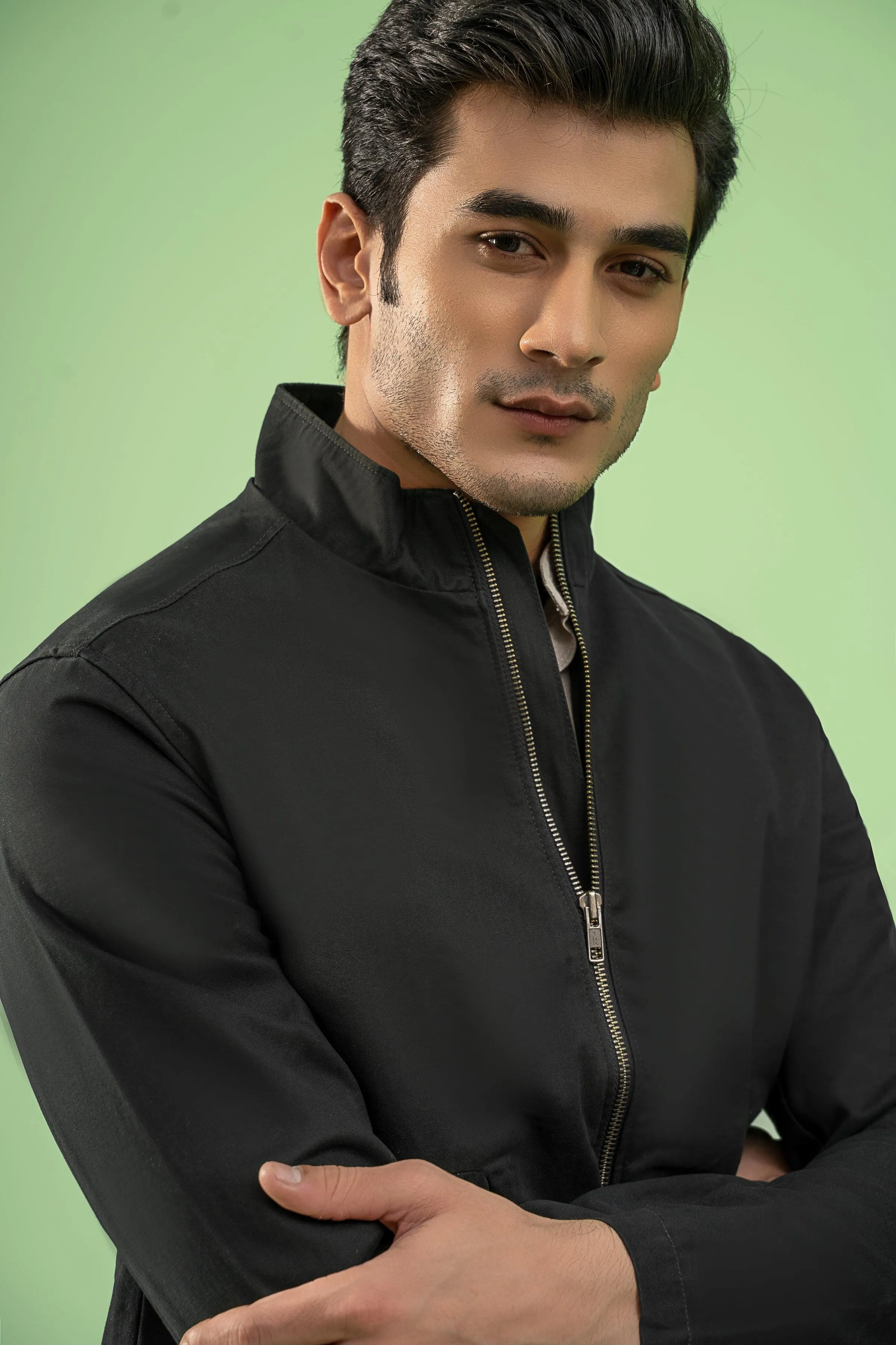FULL SLEEVE BOTTOM ELASTICATED COTTON JACKET BLACK
