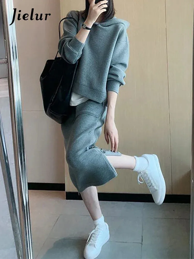 Metaversmall Autumn Hoodies Skirt New High Class Hong Kong Style Casual Sportswear Gray Top Skirt Two Piece Suits Chic Women Sets S-XL